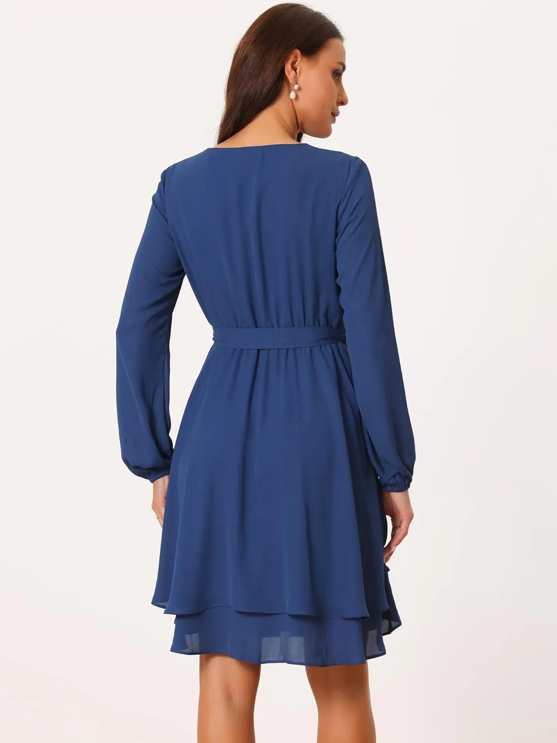 Seta T Women's Wrap V Neck Dress Long Sleeve High Waist Tie Ruffle Swing Skater Casual Dresses