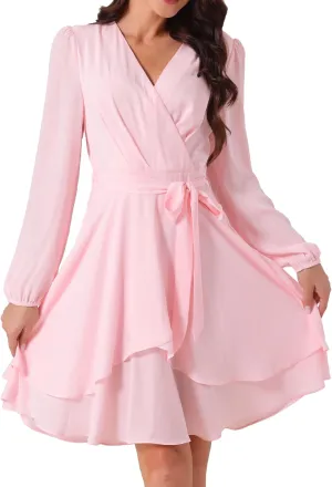 Seta T Women's Wrap V Neck Dress Long Sleeve High Waist Tie Ruffle Swing Skater Casual Dresses
