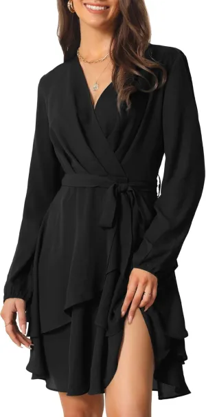Seta T Women's Wrap V Neck Dress Long Sleeve High Waist Tie Ruffle Swing Skater Casual Dresses