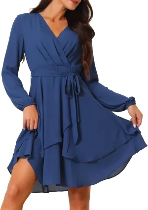 Seta T Women's Wrap V Neck Dress Long Sleeve High Waist Tie Ruffle Swing Skater Casual Dresses