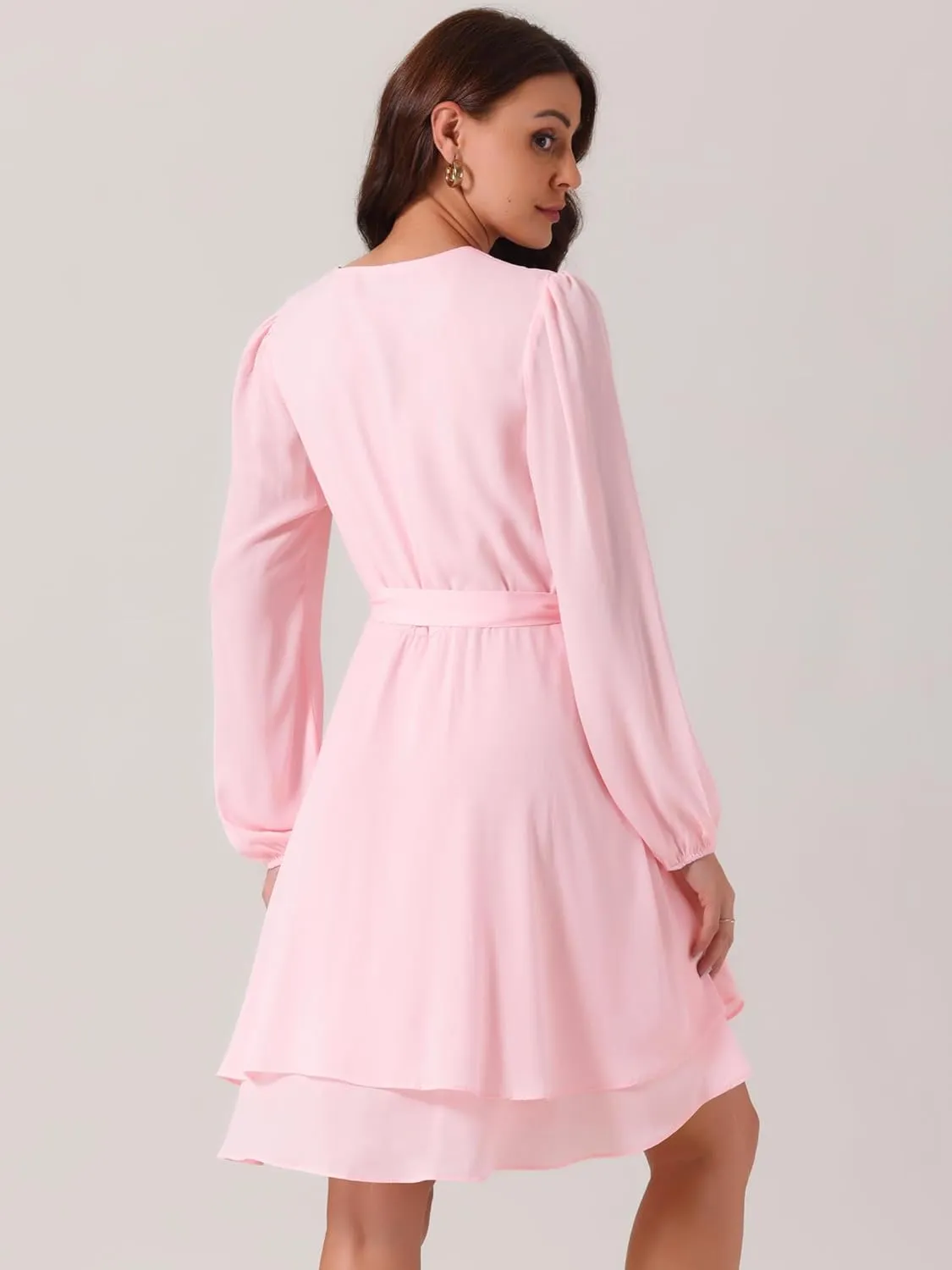 Seta T Women's Wrap V Neck Dress Long Sleeve High Waist Tie Ruffle Swing Skater Casual Dresses
