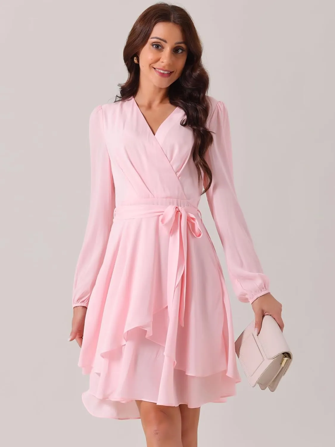 Seta T Women's Wrap V Neck Dress Long Sleeve High Waist Tie Ruffle Swing Skater Casual Dresses