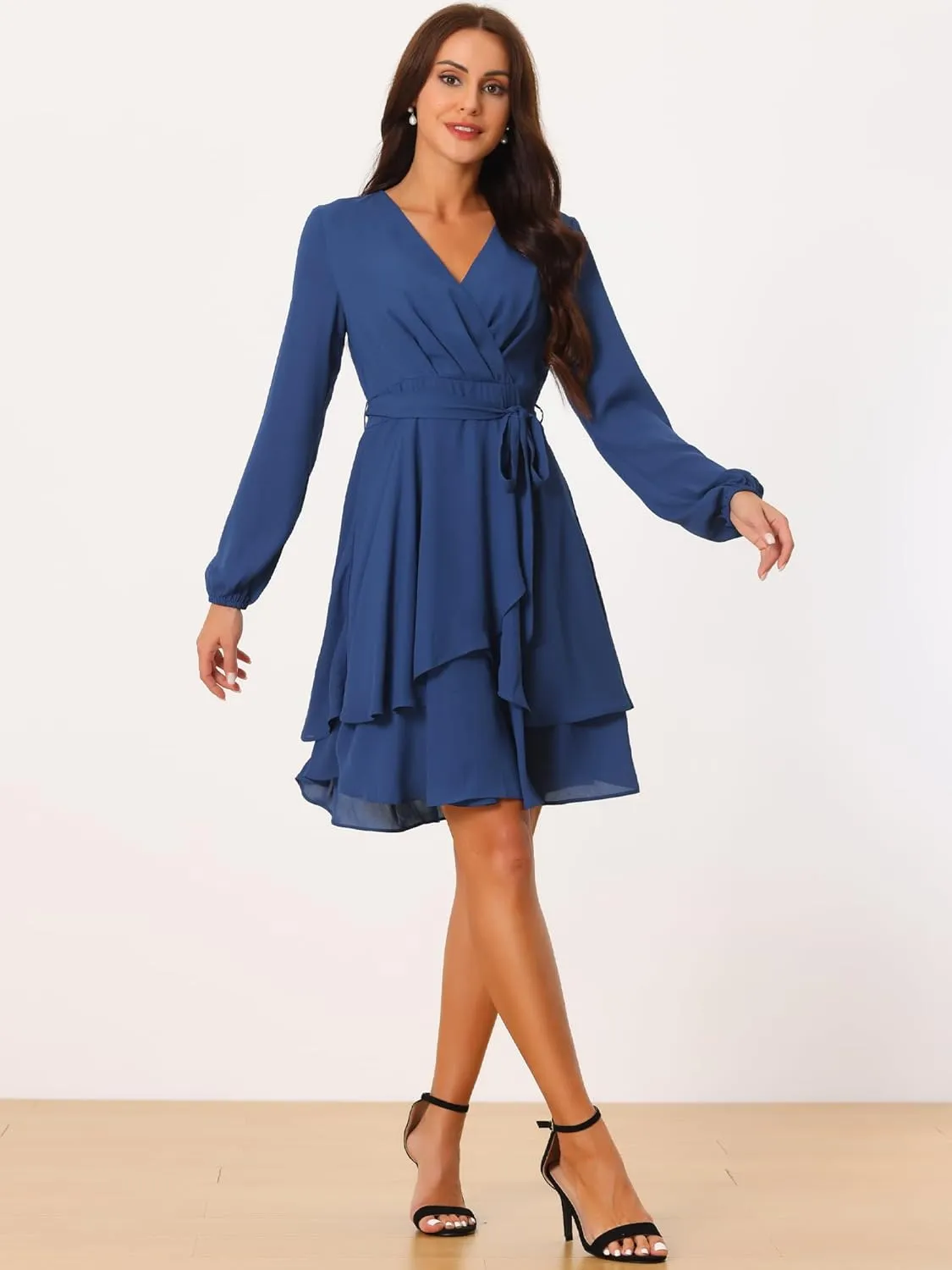 Seta T Women's Wrap V Neck Dress Long Sleeve High Waist Tie Ruffle Swing Skater Casual Dresses