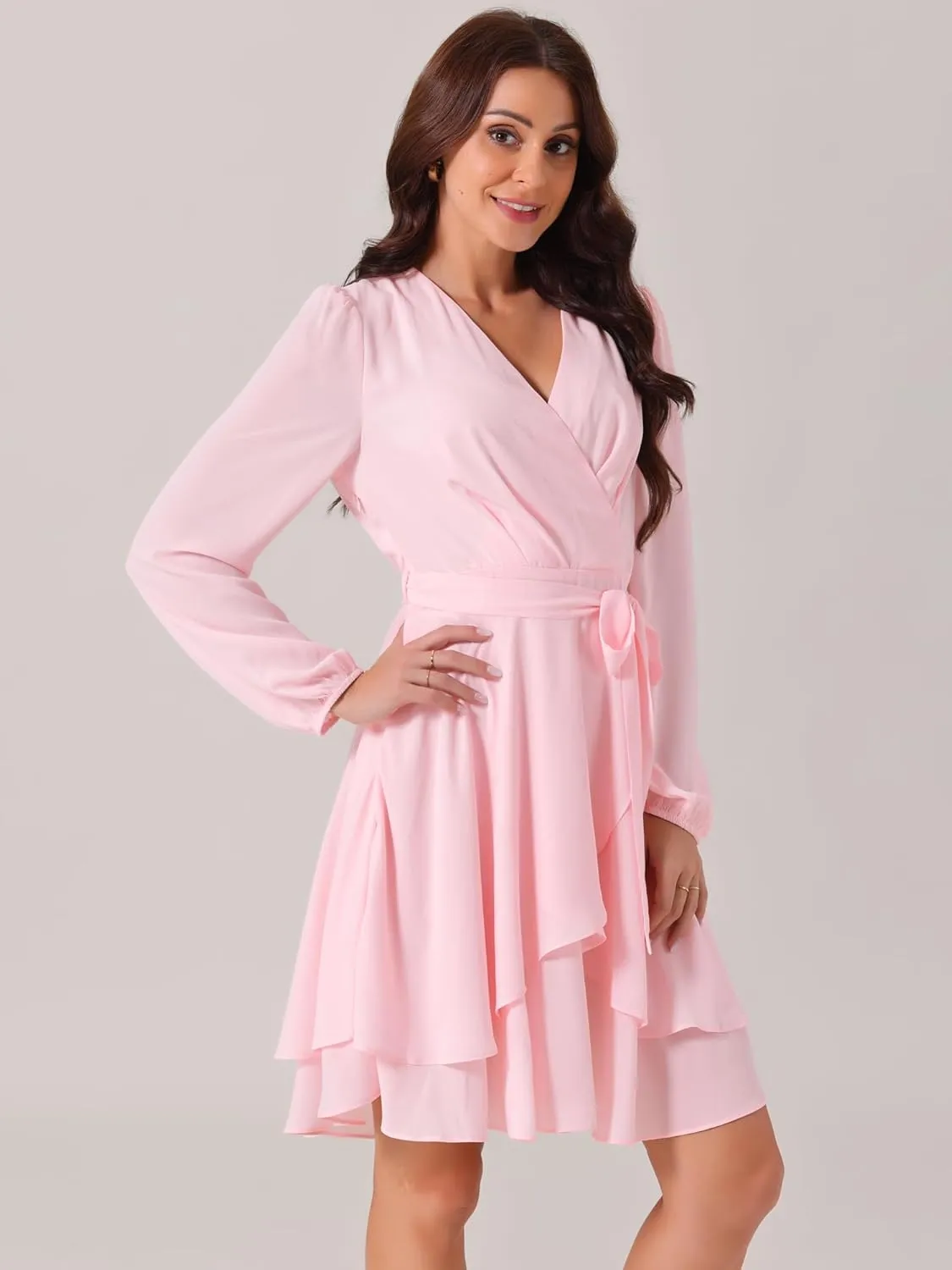 Seta T Women's Wrap V Neck Dress Long Sleeve High Waist Tie Ruffle Swing Skater Casual Dresses