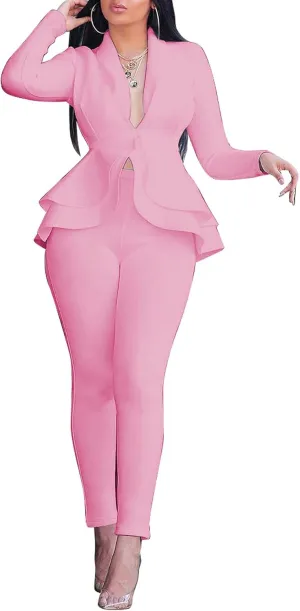 Sexyshine Women's 2 Piece Pants and Blazer Sets Long Sleeve Ruffle Hem Peplum Blazer and Bodycon Long Pants Outfits