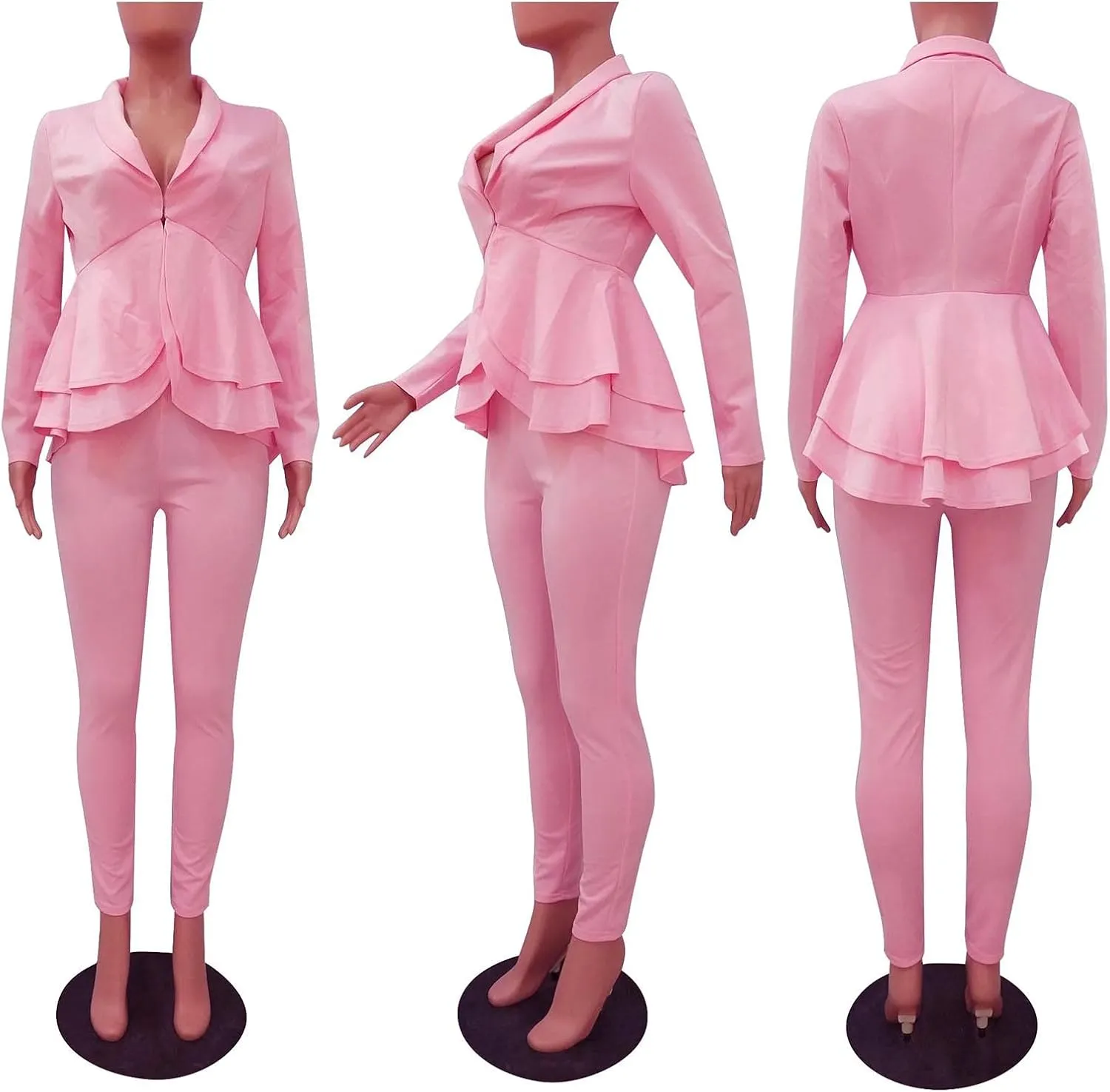 Sexyshine Women's 2 Piece Pants and Blazer Sets Long Sleeve Ruffle Hem Peplum Blazer and Bodycon Long Pants Outfits