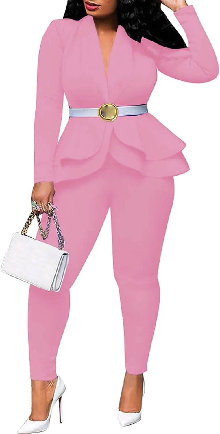 Sexyshine Women's 2 Piece Pants and Blazer Sets Long Sleeve Ruffle Hem Peplum Blazer and Bodycon Long Pants Outfits