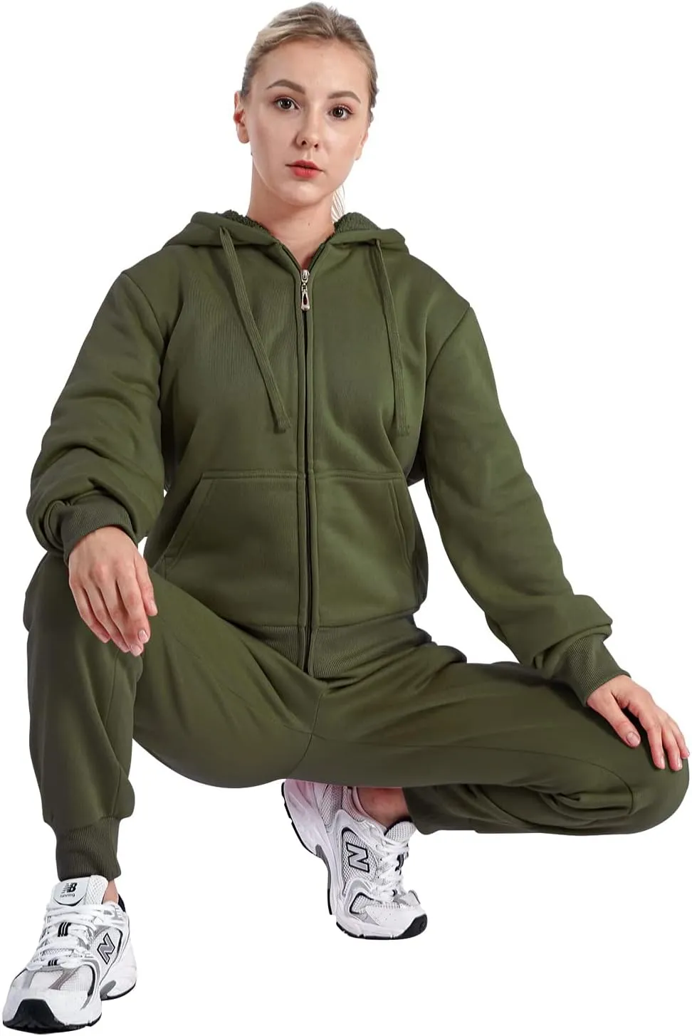 Sherpa Zipper Womens Sweatsuits Active Jogging Fleece 2 Pieces Hoodie and Pants Winter Outfit Sets