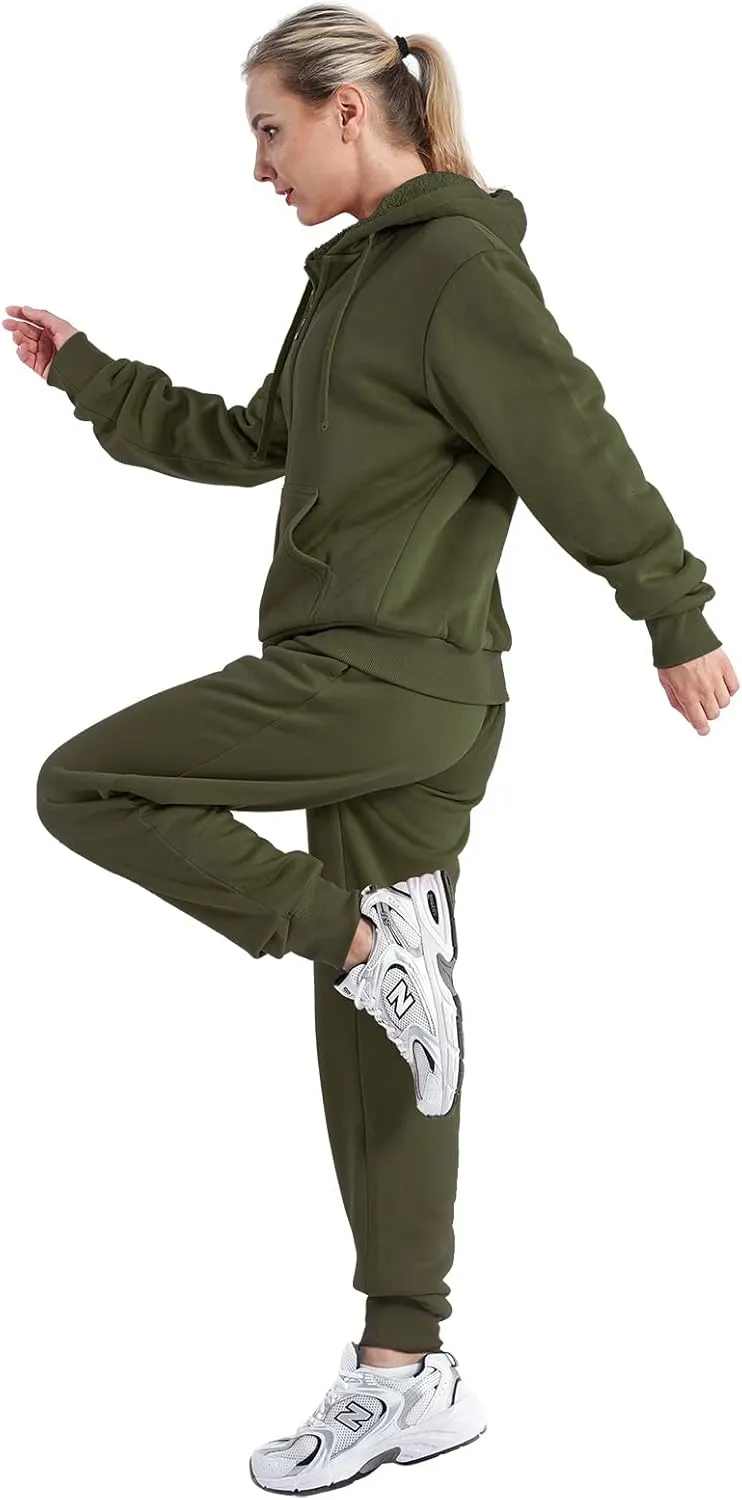 Sherpa Zipper Womens Sweatsuits Active Jogging Fleece 2 Pieces Hoodie and Pants Winter Outfit Sets