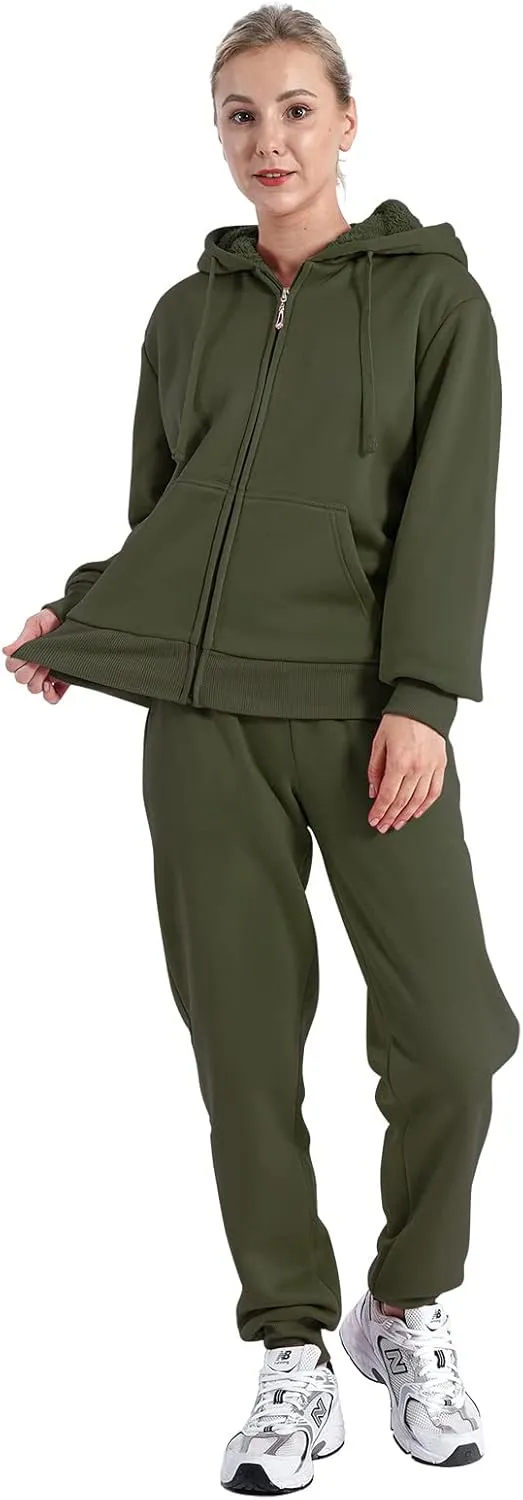 Sherpa Zipper Womens Sweatsuits Active Jogging Fleece 2 Pieces Hoodie and Pants Winter Outfit Sets