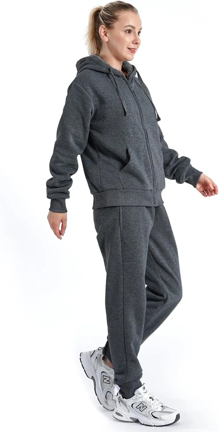 Sherpa Zipper Womens Sweatsuits Active Jogging Fleece 2 Pieces Hoodie and Pants Winter Outfit Sets