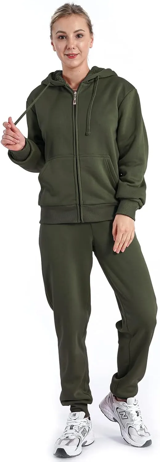 Sherpa Zipper Womens Sweatsuits Active Jogging Fleece 2 Pieces Hoodie and Pants Winter Outfit Sets