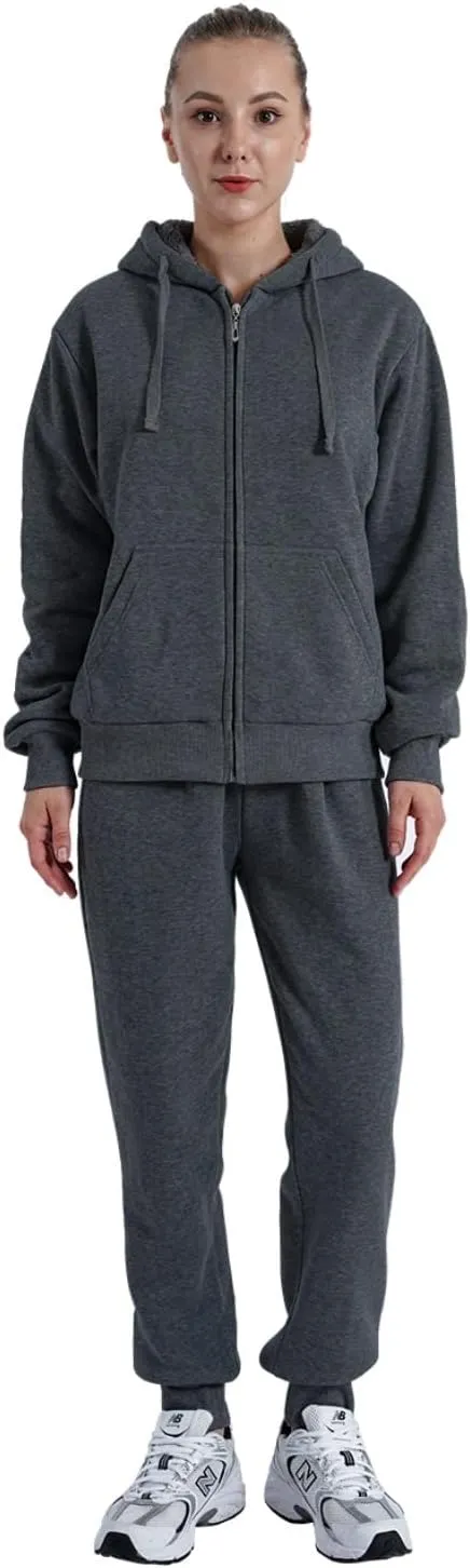 Sherpa Zipper Womens Sweatsuits Active Jogging Fleece 2 Pieces Hoodie and Pants Winter Outfit Sets