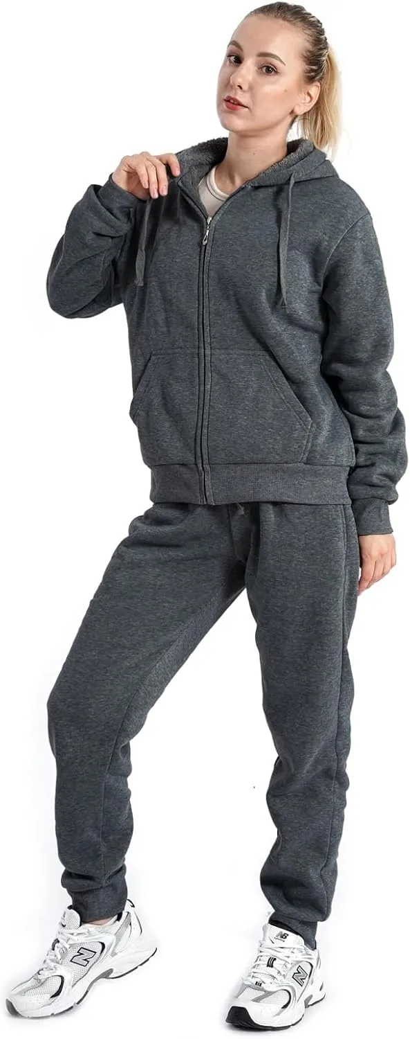 Sherpa Zipper Womens Sweatsuits Active Jogging Fleece 2 Pieces Hoodie and Pants Winter Outfit Sets