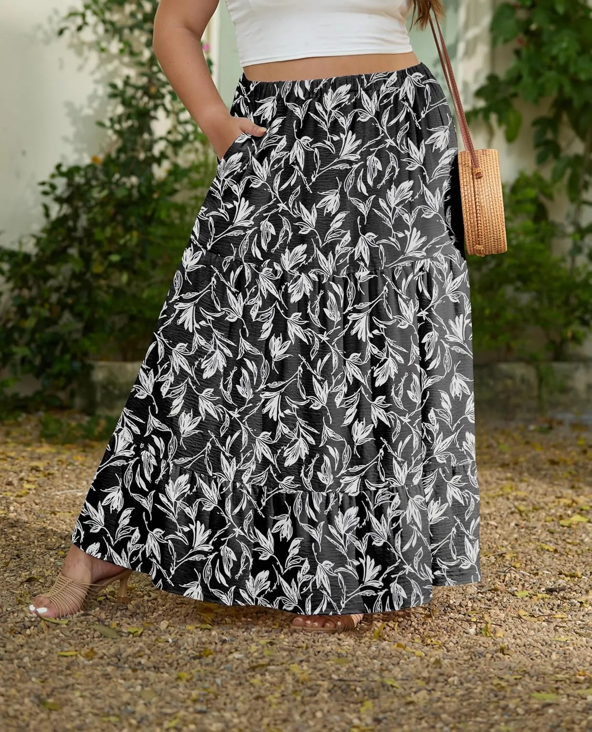 SHIJIALI Women's Plus Size Casual Boho High Waisted Flowy Maxi Skirts Trendy Floral Pleated Long Skirts with Pockets