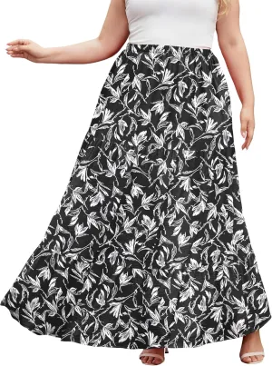 SHIJIALI Women's Plus Size Casual Boho High Waisted Flowy Maxi Skirts Trendy Floral Pleated Long Skirts with Pockets