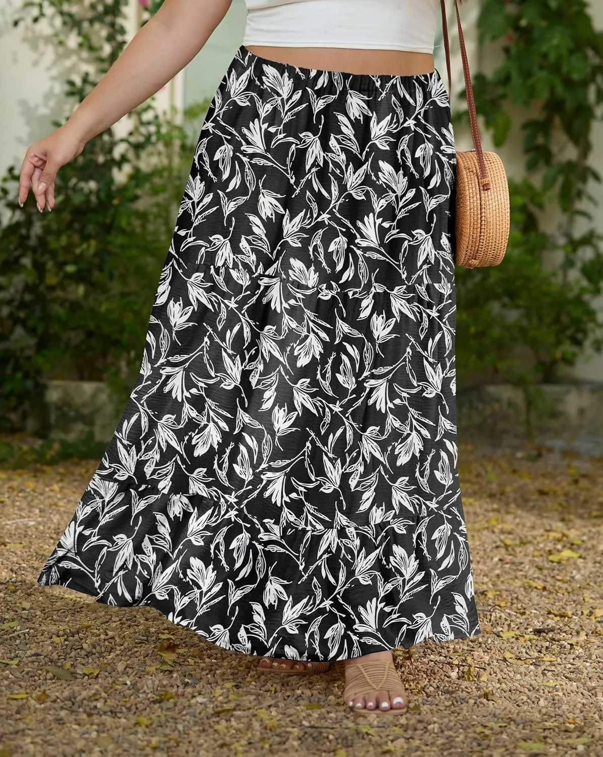 SHIJIALI Women's Plus Size Casual Boho High Waisted Flowy Maxi Skirts Trendy Floral Pleated Long Skirts with Pockets