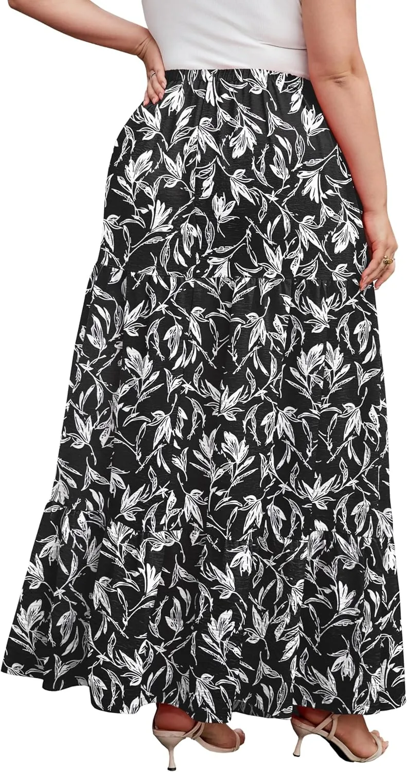 SHIJIALI Women's Plus Size Casual Boho High Waisted Flowy Maxi Skirts Trendy Floral Pleated Long Skirts with Pockets