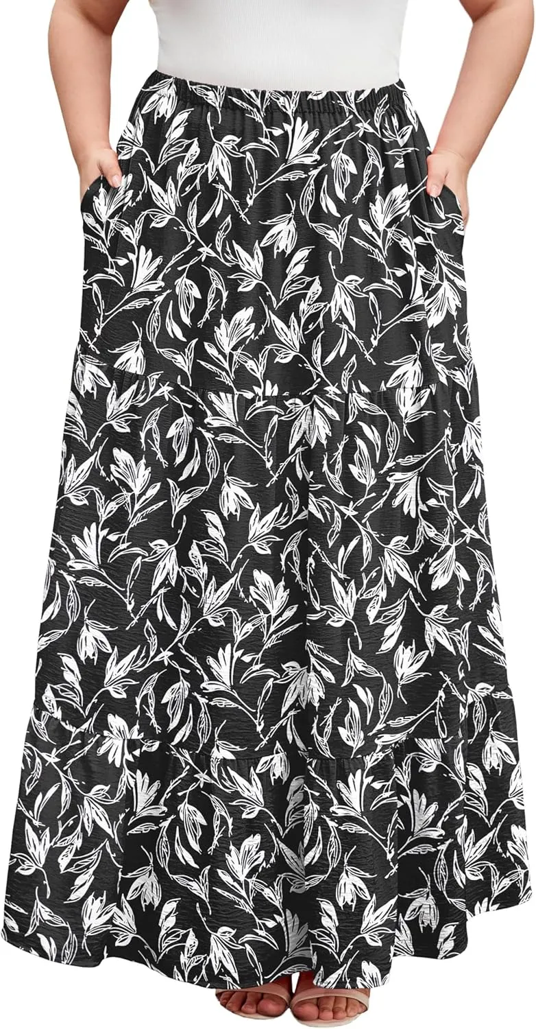 SHIJIALI Women's Plus Size Casual Boho High Waisted Flowy Maxi Skirts Trendy Floral Pleated Long Skirts with Pockets