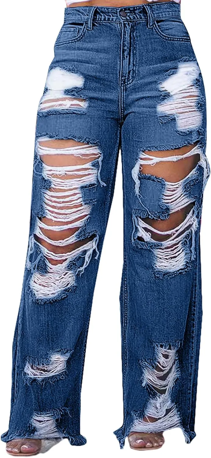 SHINFY Women's Ripped Jeans Distressed Cutout High Waisted Baggy Straight Wide Leg Y2K Denim Pants