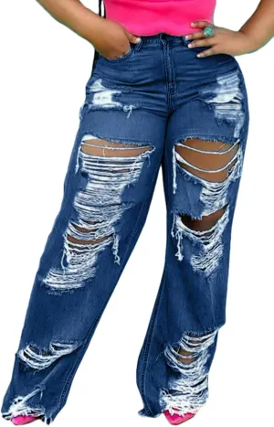 SHINFY Women's Ripped Jeans Distressed Cutout High Waisted Baggy Straight Wide Leg Y2K Denim Pants