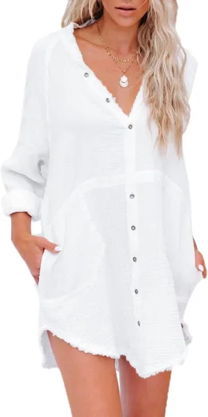 siliteelon Women's Button Down Tunic with Pockets Cotton Gauze Button Up Shirt Dress V Neck Long Sleeve Frayed Blouse Tops