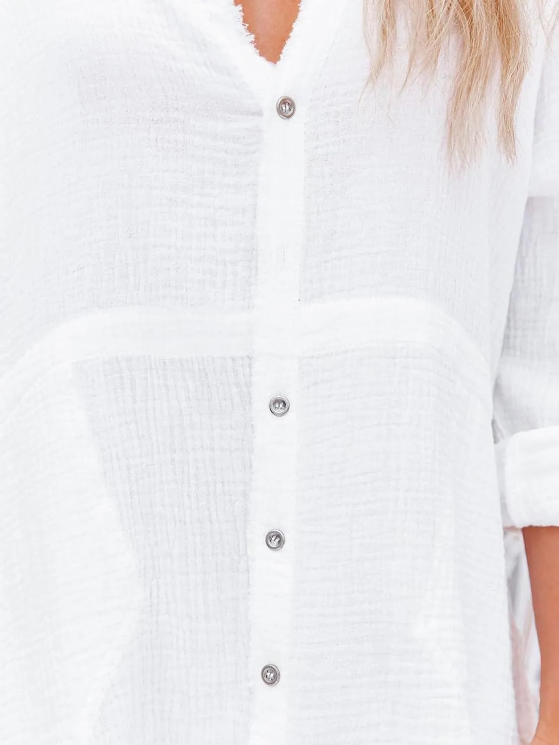 siliteelon Women's Button Down Tunic with Pockets Cotton Gauze Button Up Shirt Dress V Neck Long Sleeve Frayed Blouse Tops