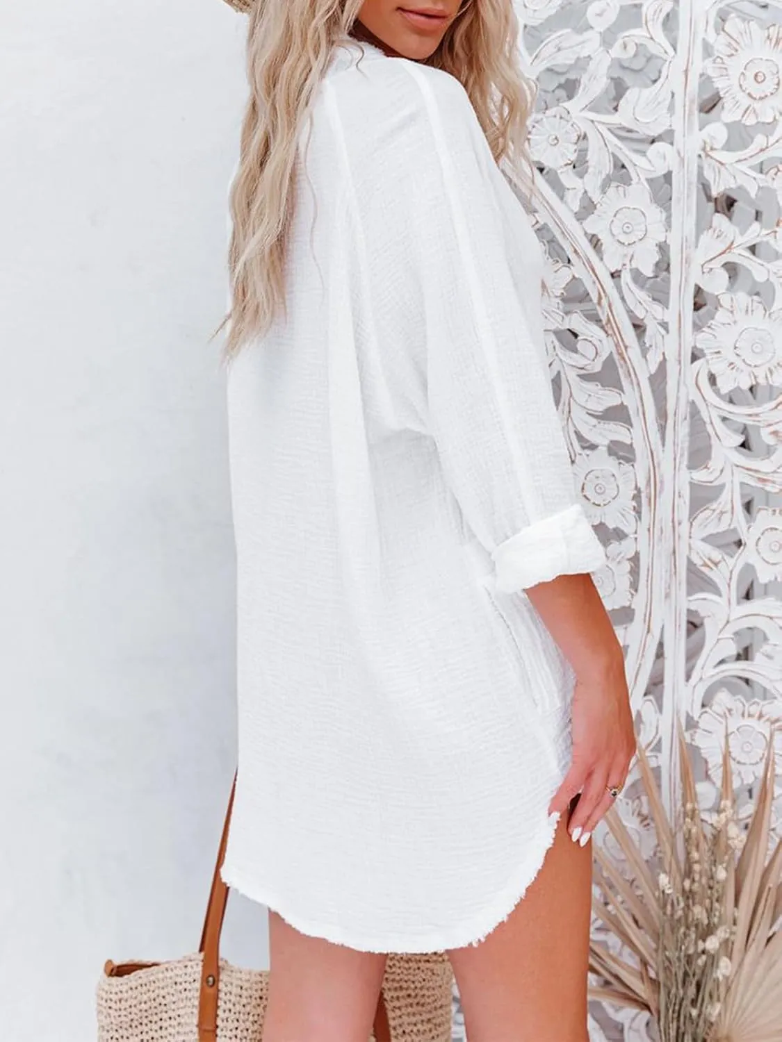siliteelon Women's Button Down Tunic with Pockets Cotton Gauze Button Up Shirt Dress V Neck Long Sleeve Frayed Blouse Tops