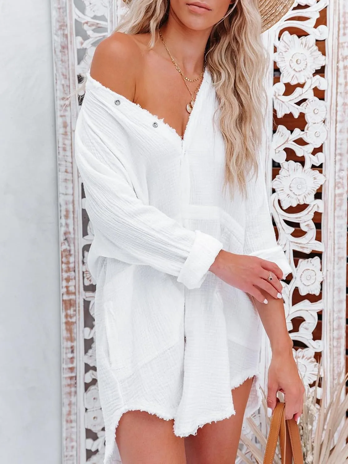 siliteelon Women's Button Down Tunic with Pockets Cotton Gauze Button Up Shirt Dress V Neck Long Sleeve Frayed Blouse Tops