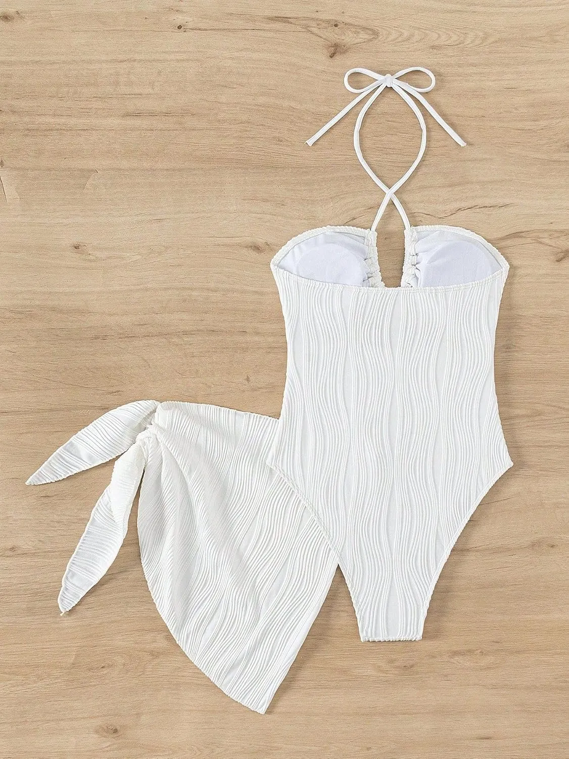 SKAYS Womens One Piece Swimsuit Texture Hollow Out Halter Neck Solid Color Bathing Suit with Cover-Up 2-Piece Sets Swimwear