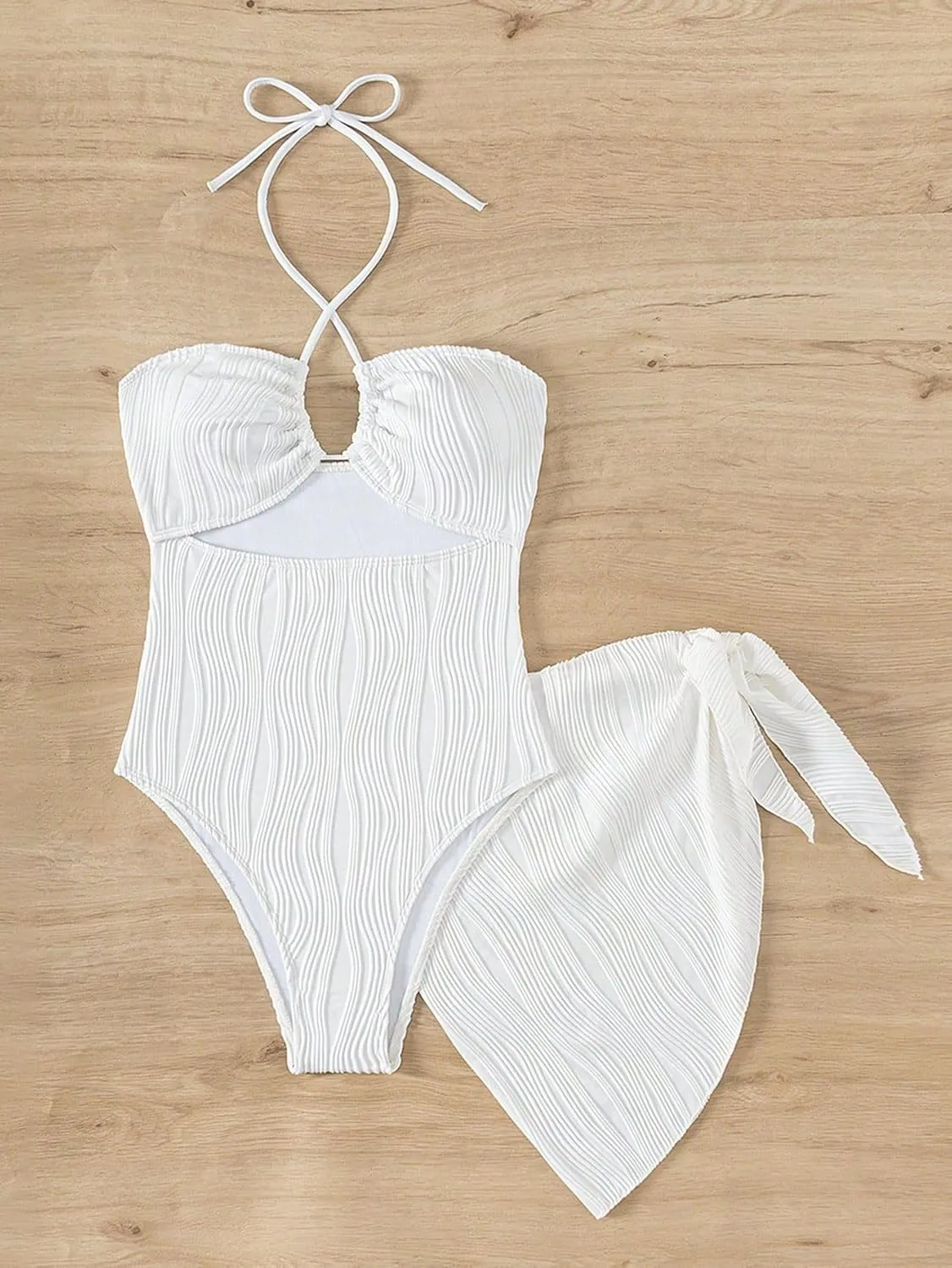 SKAYS Womens One Piece Swimsuit Texture Hollow Out Halter Neck Solid Color Bathing Suit with Cover-Up 2-Piece Sets Swimwear