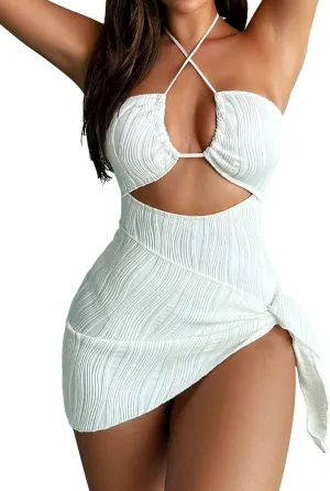 SKAYS Womens One Piece Swimsuit Texture Hollow Out Halter Neck Solid Color Bathing Suit with Cover-Up 2-Piece Sets Swimwear