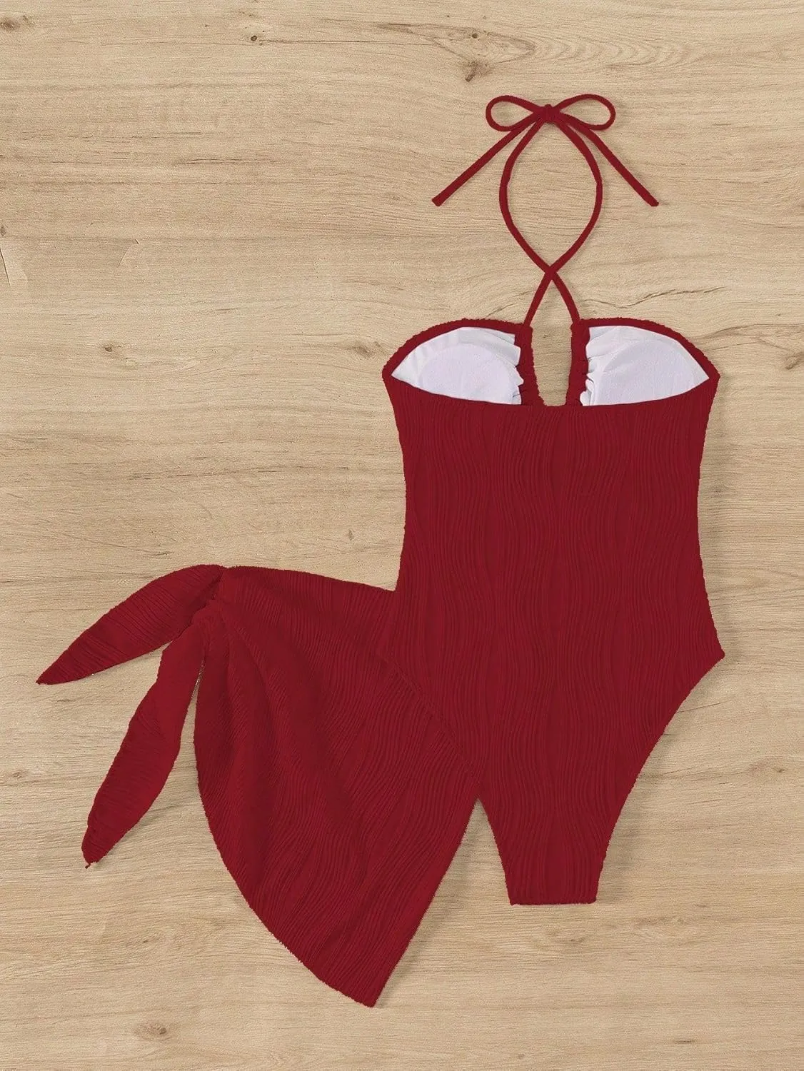 SKAYS Womens One Piece Swimsuit Texture Hollow Out Halter Neck Solid Color Bathing Suit with Cover-Up 2-Piece Sets Swimwear