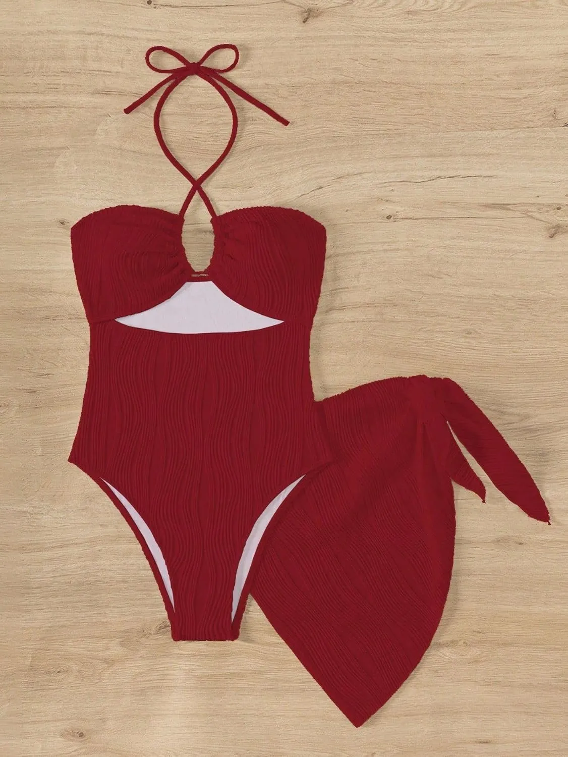 SKAYS Womens One Piece Swimsuit Texture Hollow Out Halter Neck Solid Color Bathing Suit with Cover-Up 2-Piece Sets Swimwear