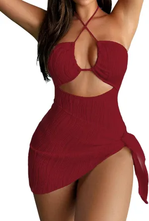 SKAYS Womens One Piece Swimsuit Texture Hollow Out Halter Neck Solid Color Bathing Suit with Cover-Up 2-Piece Sets Swimwear