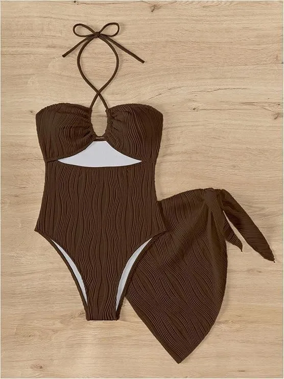SKAYS Womens One Piece Swimsuit Texture Hollow Out Halter Neck Solid Color Bathing Suit with Cover-Up 2-Piece Sets Swimwear