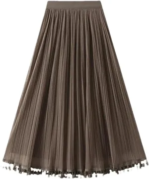 Skirts for Women Tassel Tulle Long Skirt for Women Mesh A Line Skirt High Waist Pleated Midi Skirt