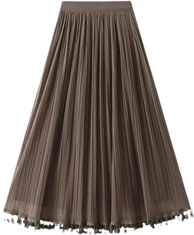Skirts for Women Tassel Tulle Long Skirt for Women Mesh A Line Skirt High Waist Pleated Midi Skirt