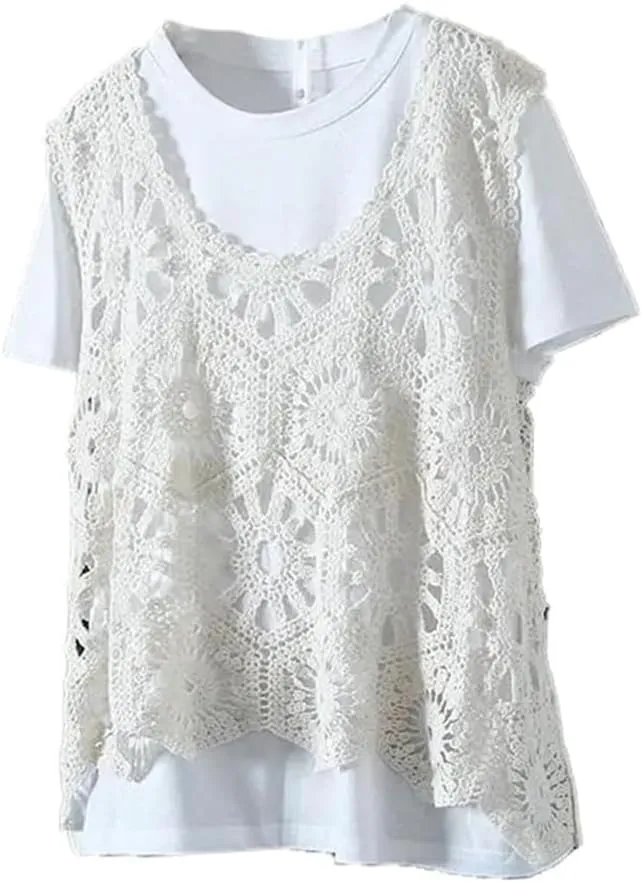 Sleeveless Women's Crocheted Camisole Vest Cotton Polyester Blend
