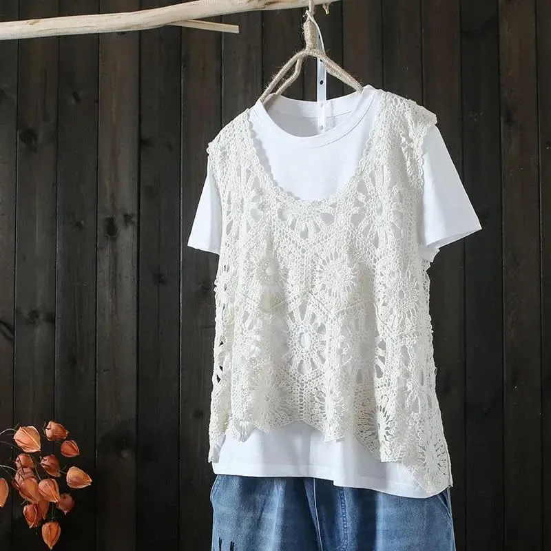 Sleeveless Women's Crocheted Camisole Vest Cotton Polyester Blend