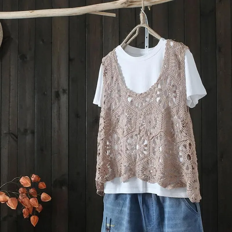 Sleeveless Women's Crocheted Camisole Vest Cotton Polyester Blend