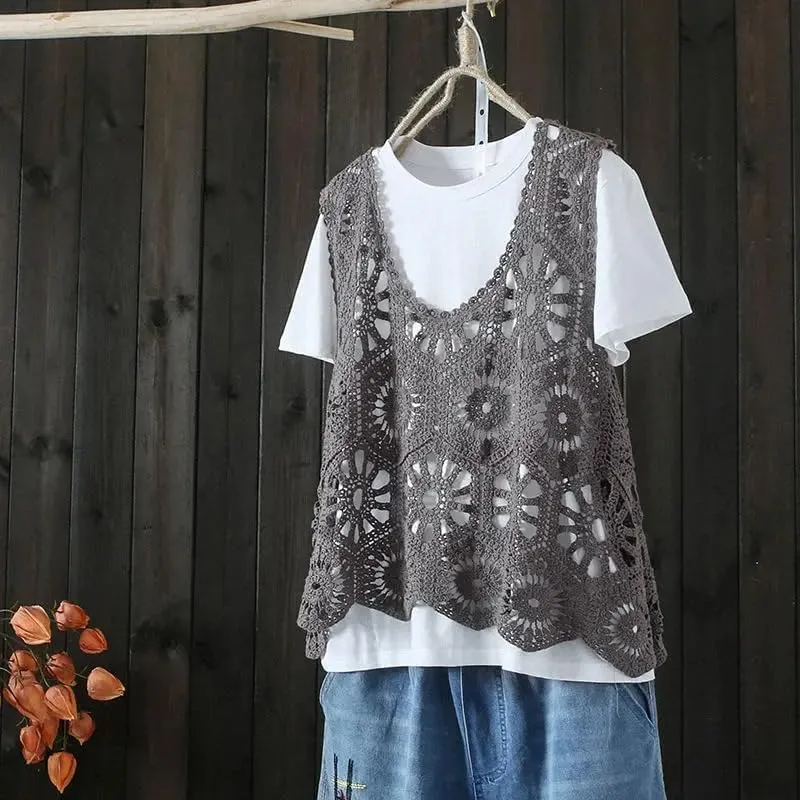 Sleeveless Women's Crocheted Camisole Vest Cotton Polyester Blend