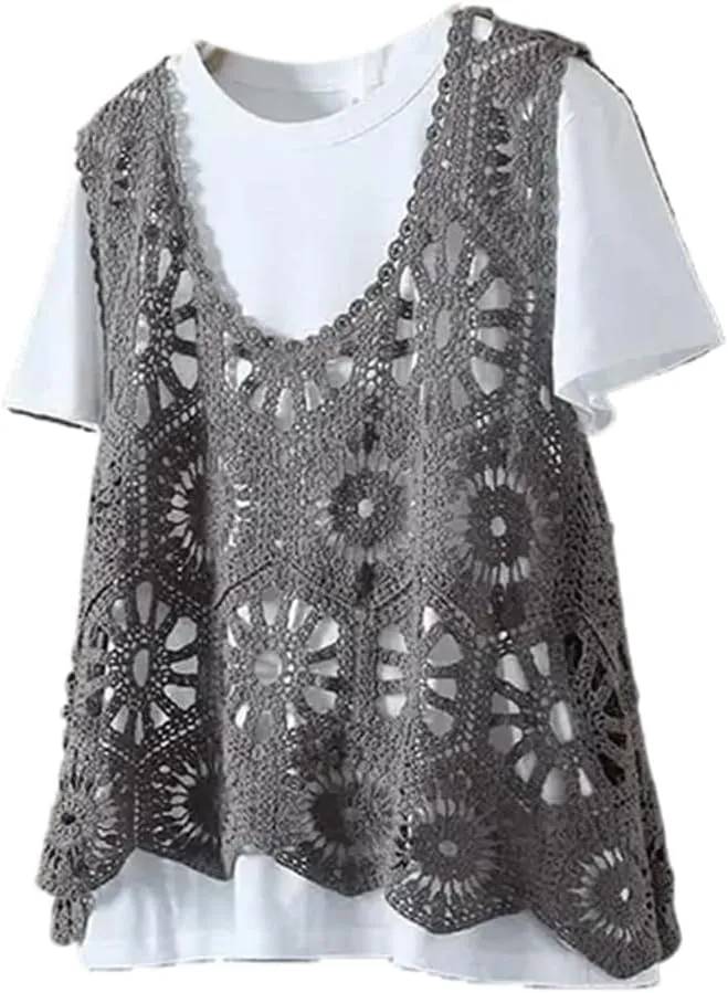 Sleeveless Women's Crocheted Camisole Vest Cotton Polyester Blend