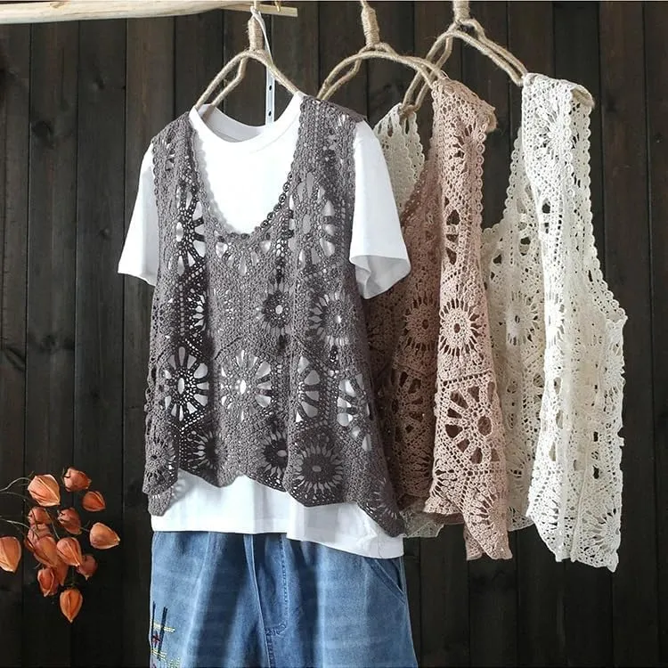 Sleeveless Women's Crocheted Camisole Vest Cotton Polyester Blend