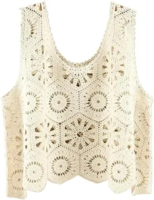 Sleeveless Women's Crocheted Camisole Vest Cotton Polyester Blend