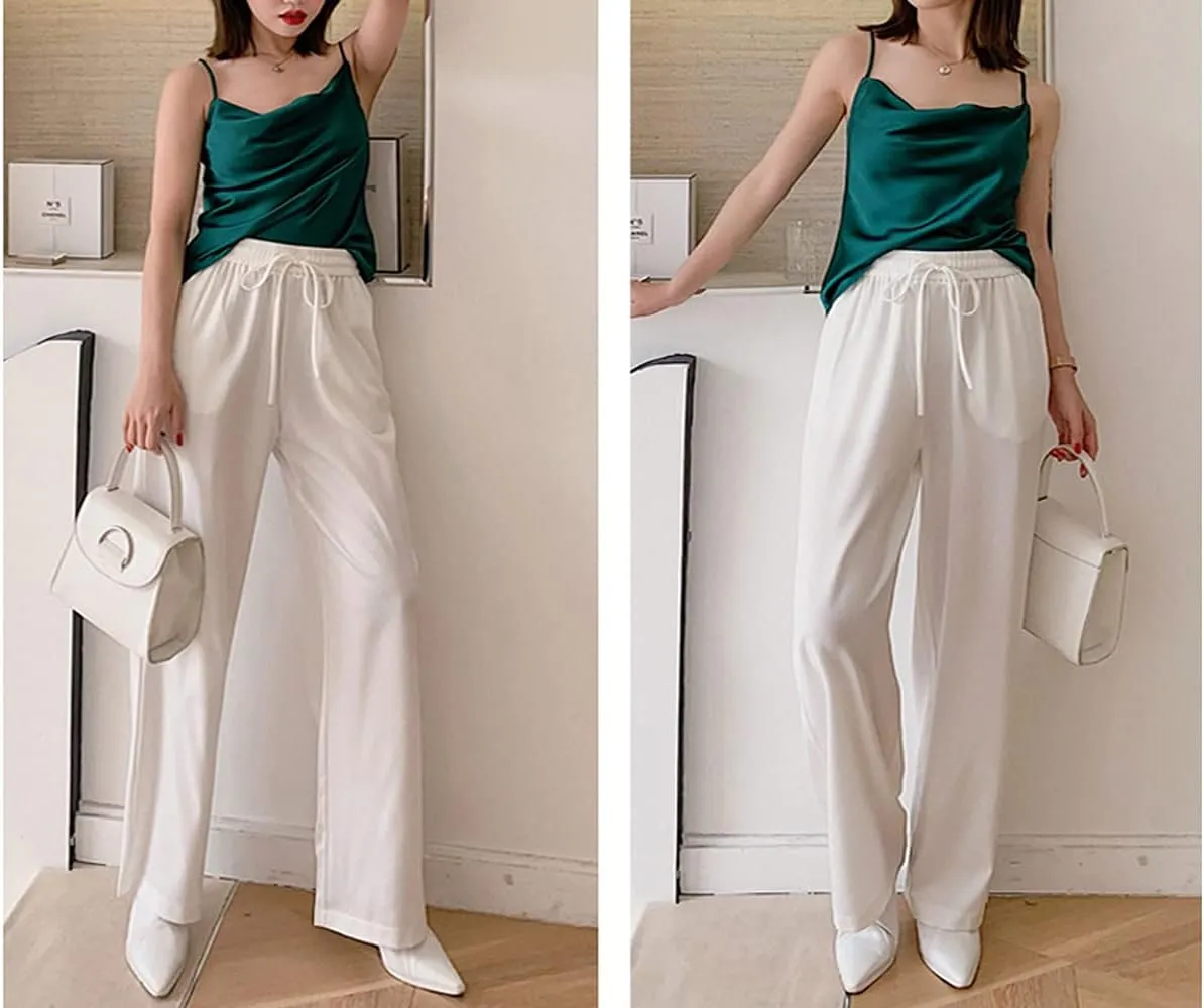 Snoly Women's Summer Ice Silk Pants High Waist Wide Leg Full Length Loose Casual Sweatpants