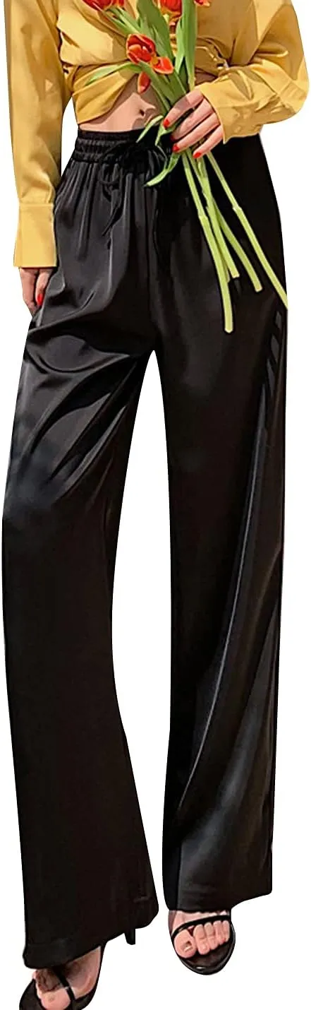 Snoly Women's Summer Ice Silk Pants High Waist Wide Leg Full Length Loose Casual Sweatpants