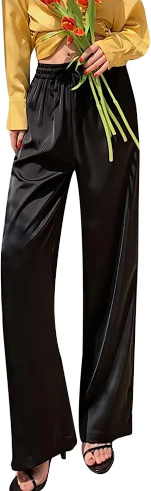 Snoly Women's Summer Ice Silk Pants High Waist Wide Leg Full Length Loose Casual Sweatpants