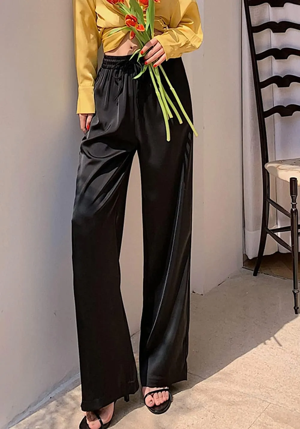 Snoly Women's Summer Ice Silk Pants High Waist Wide Leg Full Length Loose Casual Sweatpants