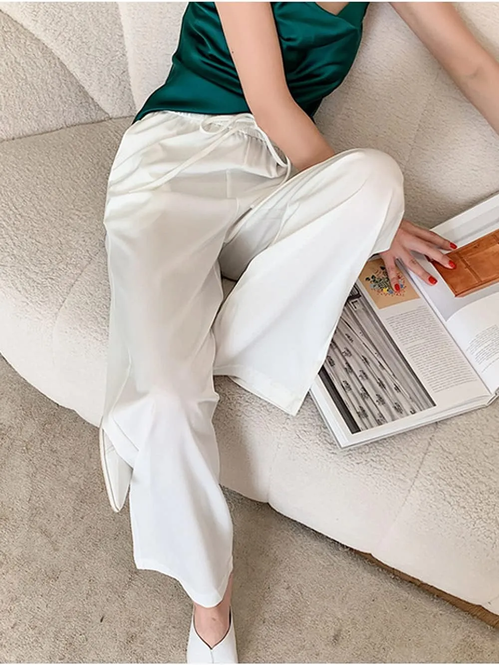Snoly Women's Summer Ice Silk Pants High Waist Wide Leg Full Length Loose Casual Sweatpants